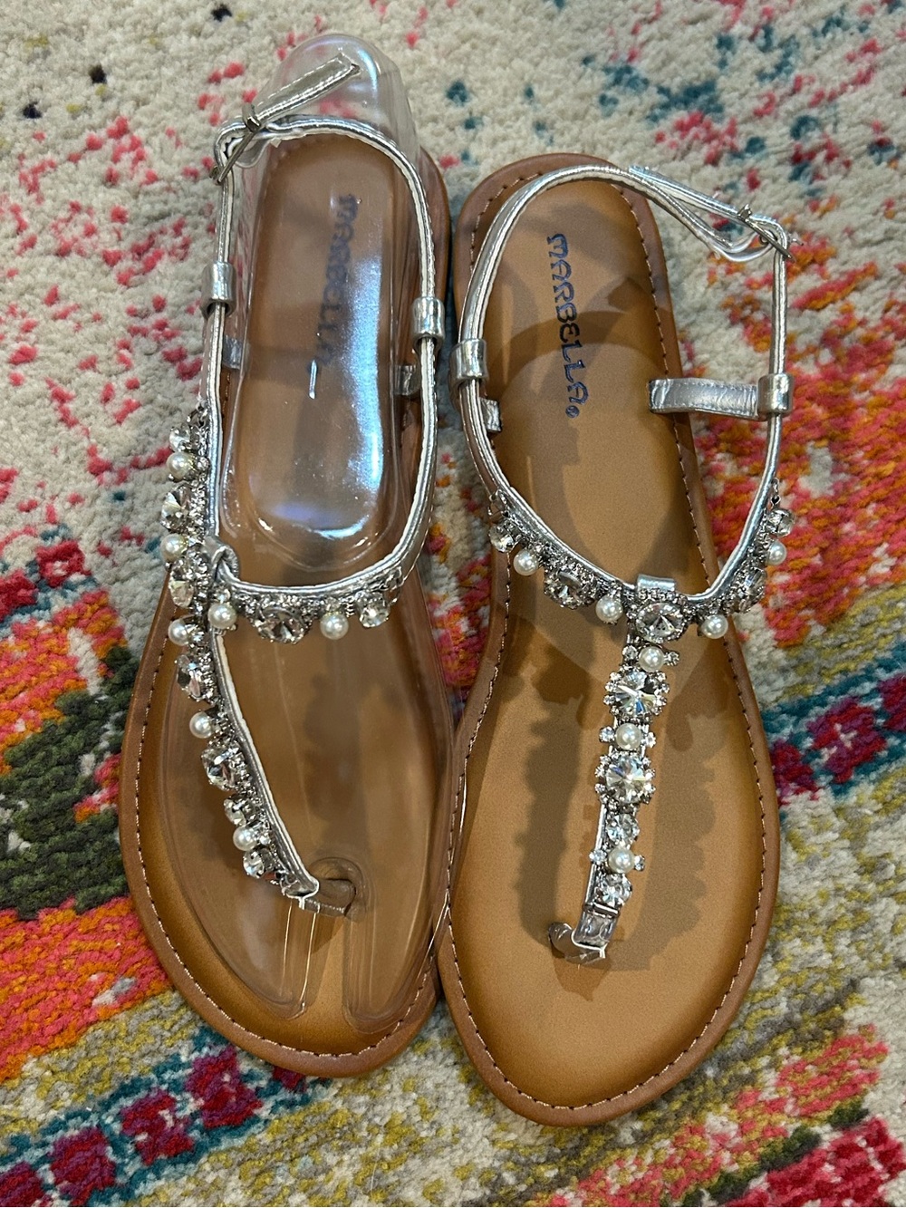 Marbella Silver Jeweled T-Strap Sandals for Women